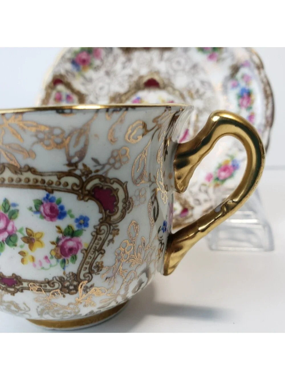 Vintage James Kent Demitasse Teacup & Saucer Pompadour England Gold Floral